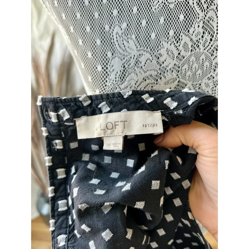 LOFT Petite Black and White Textured Ruffle Sleeve Cotton Blouse - Picture 6 of 7